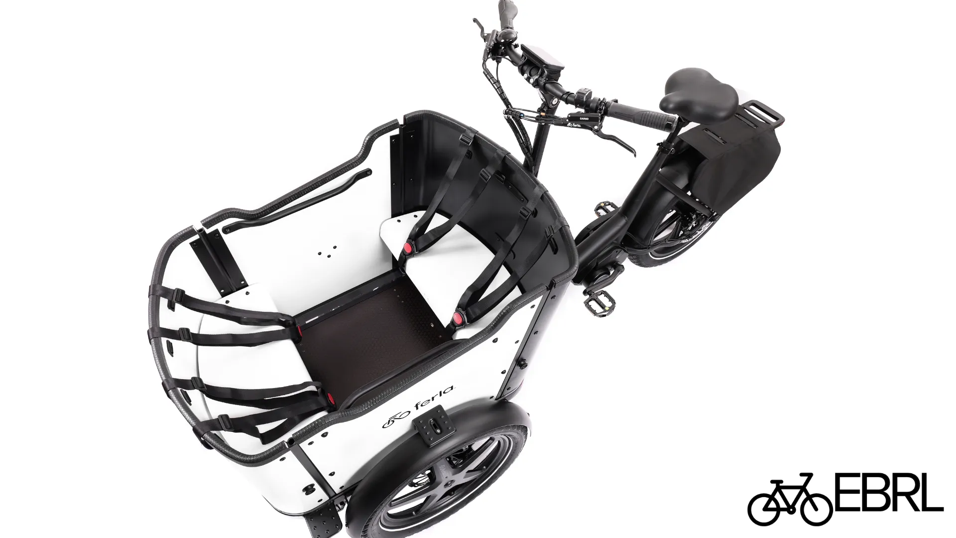 Studio overhead view of the Ferla Royce MAX cargo box with bench seats and three-point harnesses