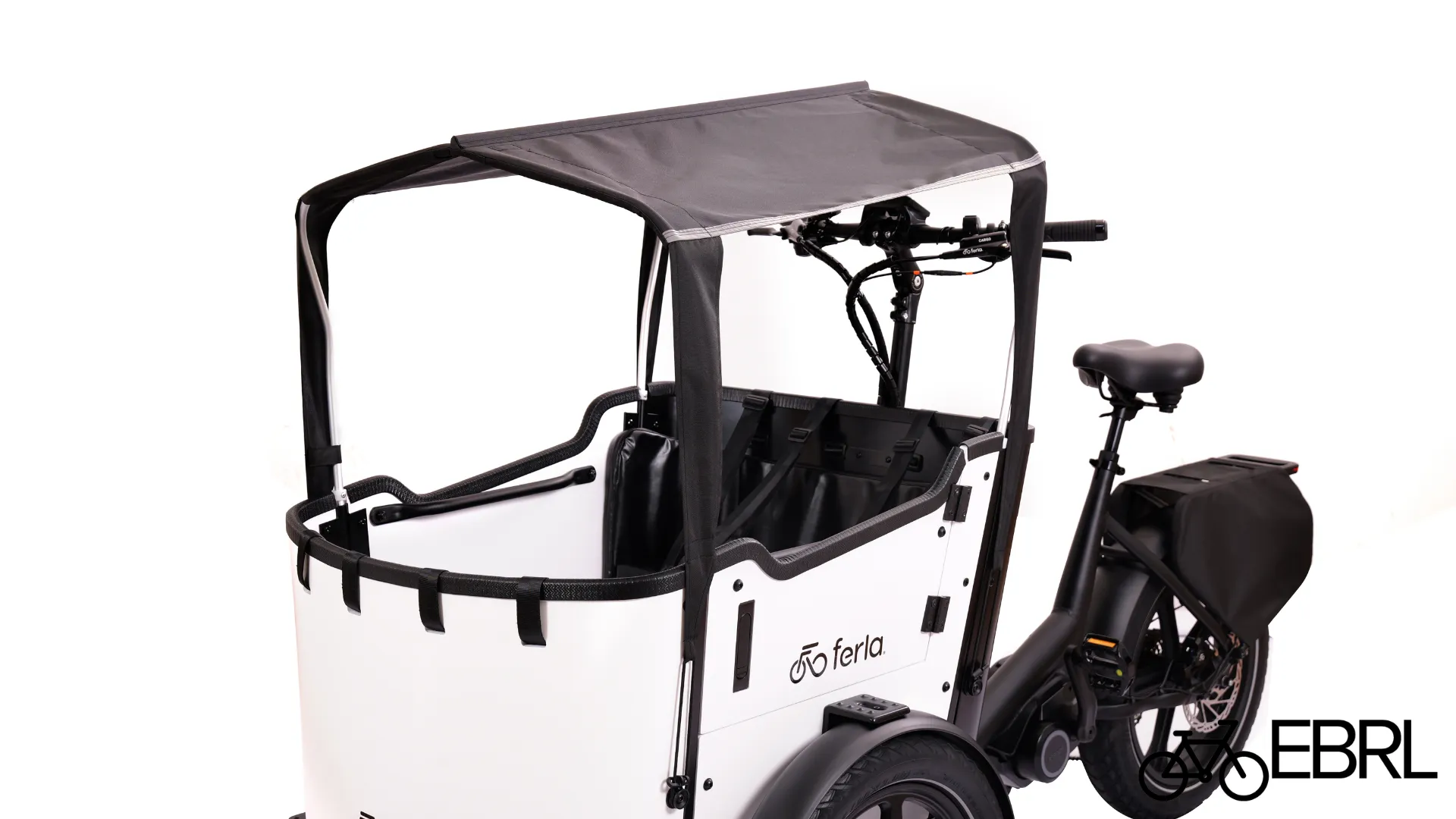 Studio view of the Ferla Royce MAX white cargo box, sun canopy, mid-drive motor, and rear panniers