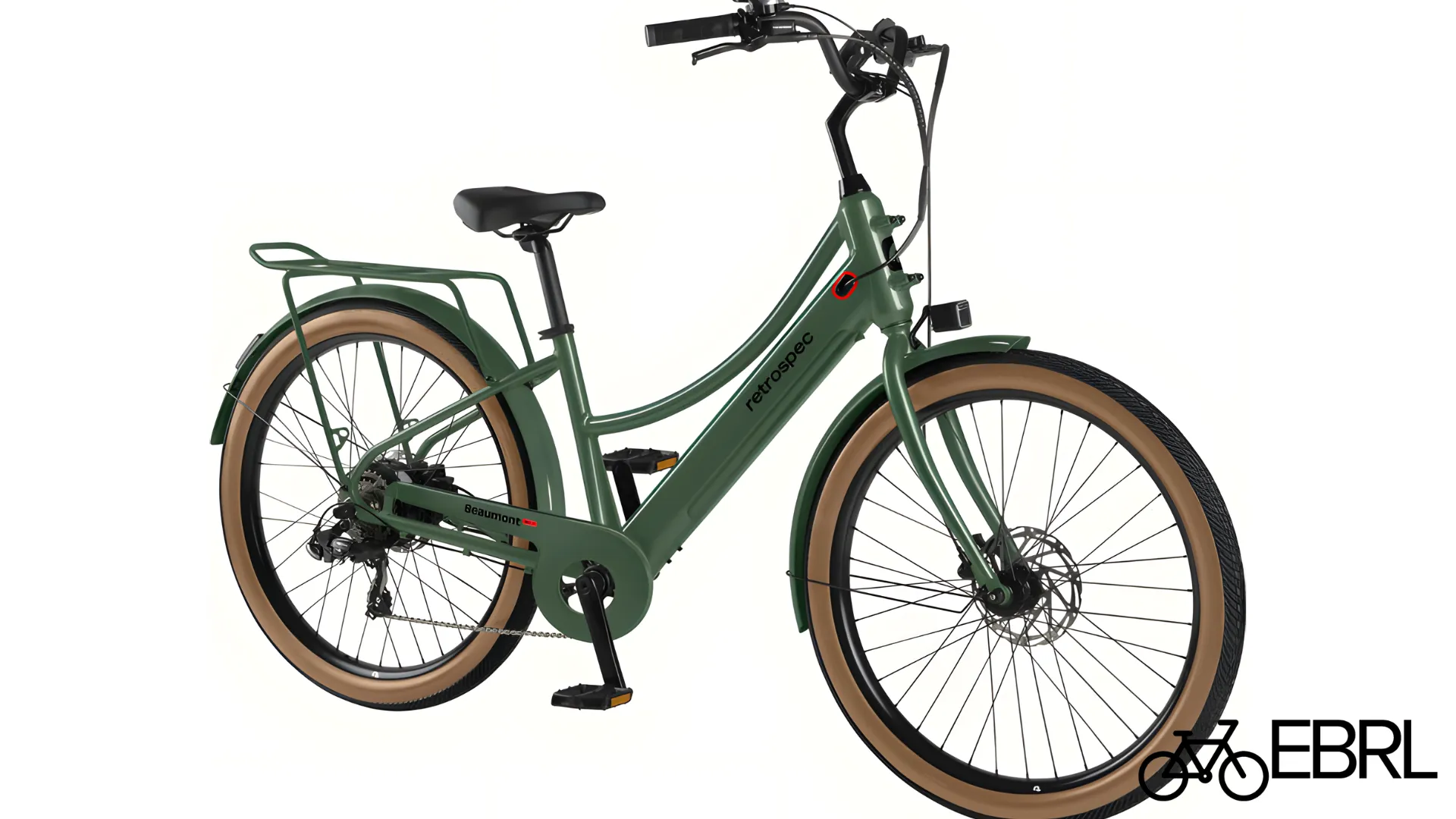 Retrospec Beaumont Rev+ Step-Through frame detail showing integrated battery and clean cable routing