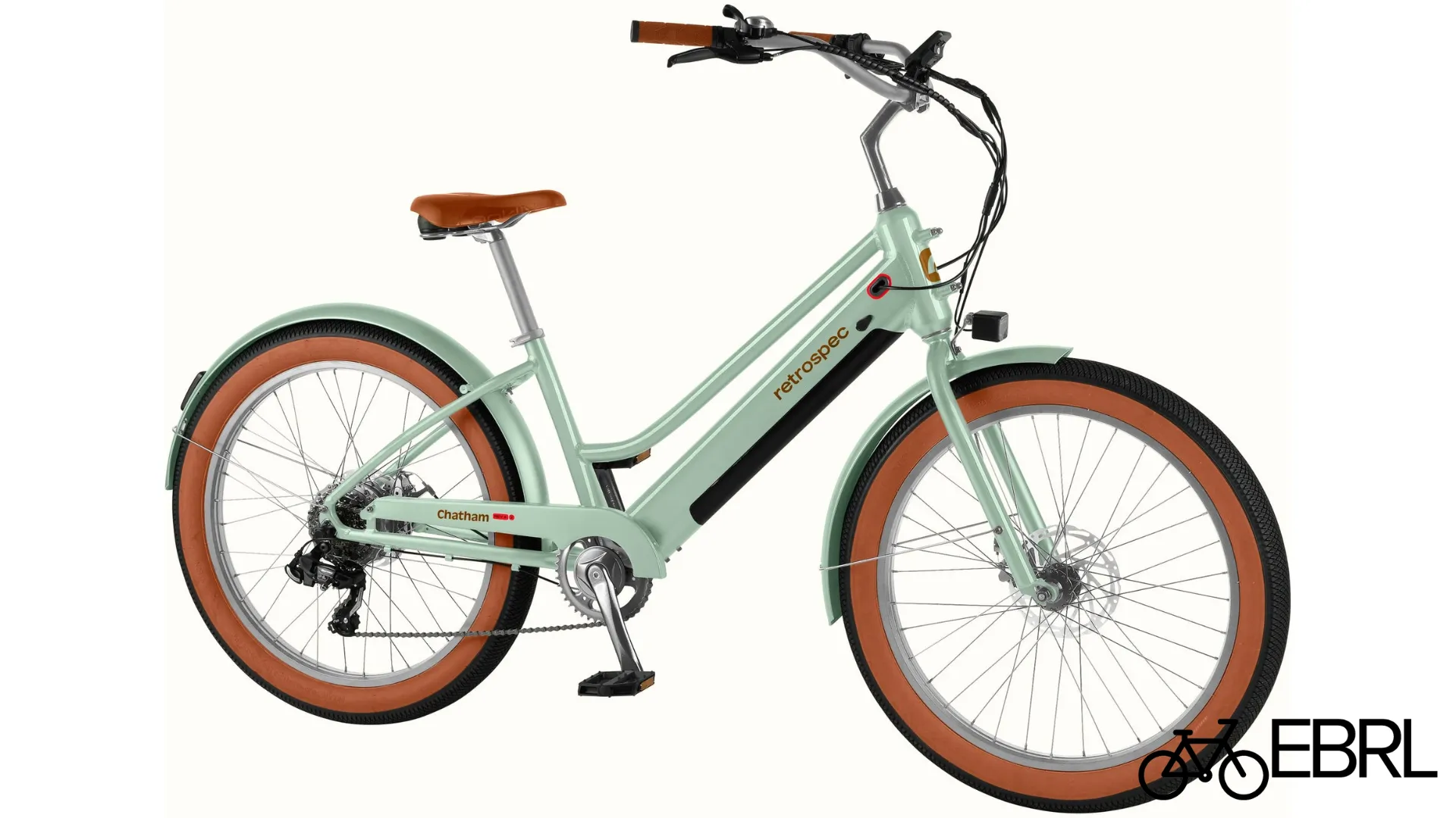 Close-up of the Retrospec Chatham Rev+ 2 step-through alloy frame showing integrated battery and clean cable routing