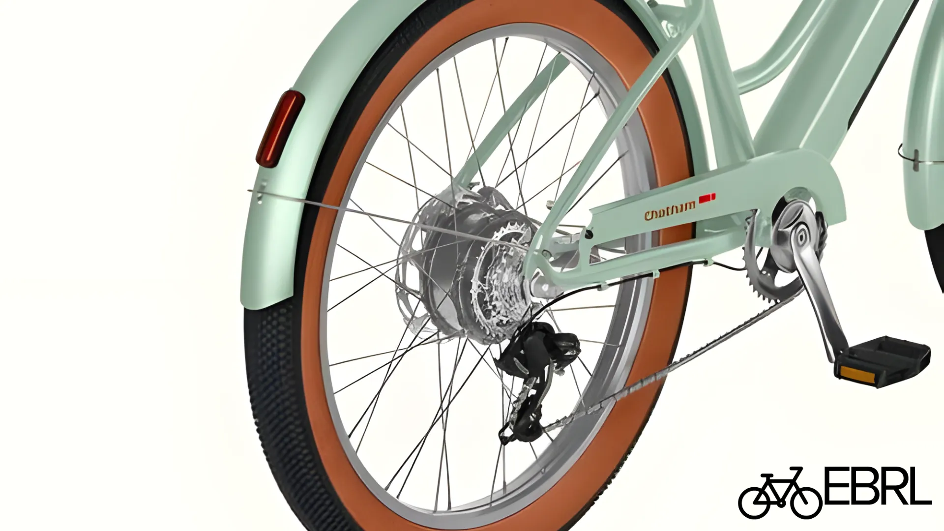 Retrospec Chatham Rev+ 2 rear hub motor and 26x3.0 puncture-protected tire detail