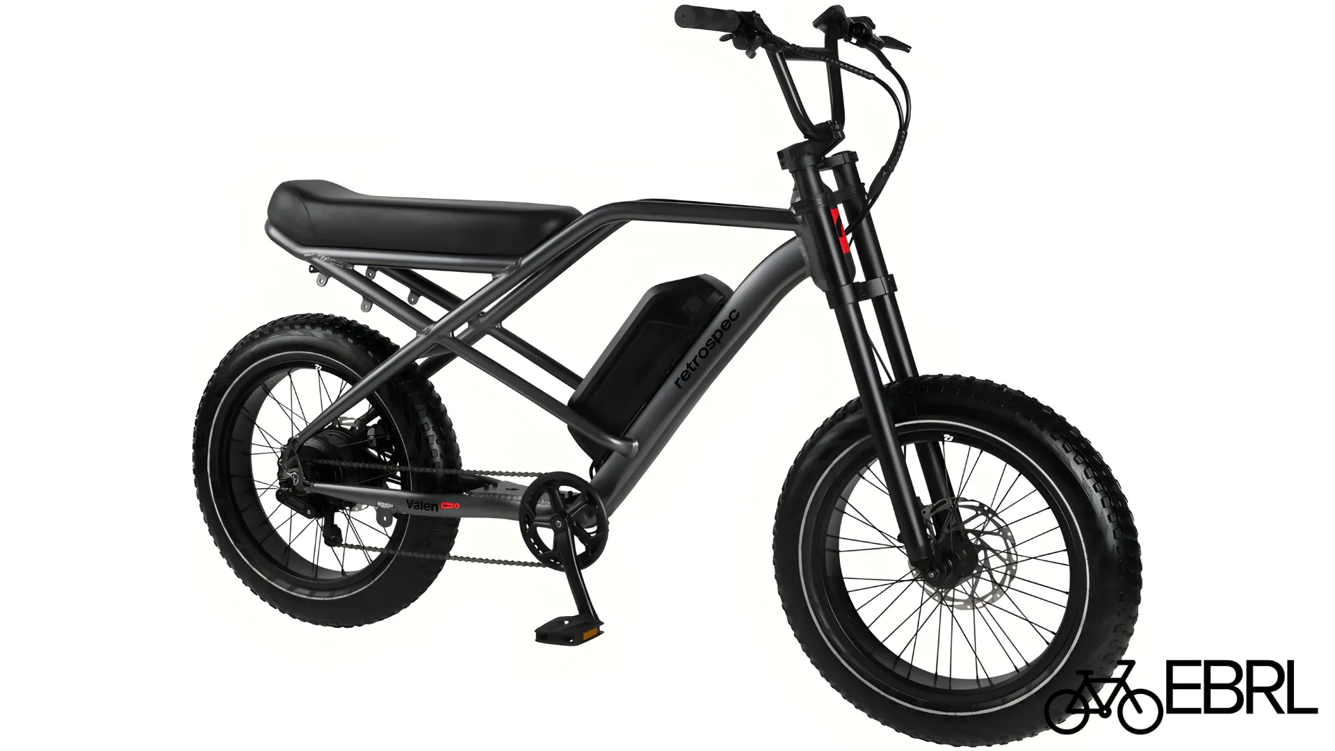 Close-up of the Retrospec Valen Rev 3 fat tire electric bike frame and battery in Basalt Blue