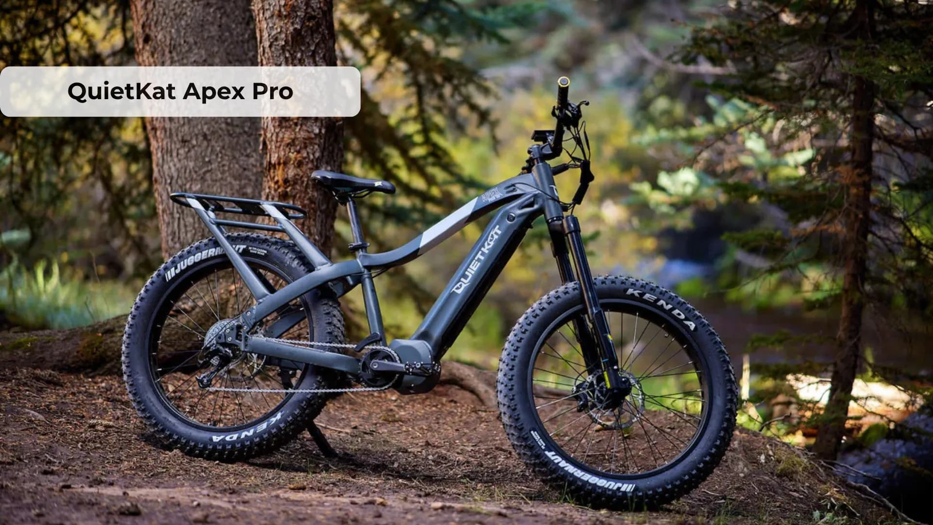 QuietKat Apex Pro electric fat bike in gunmetal color on backcountry trail