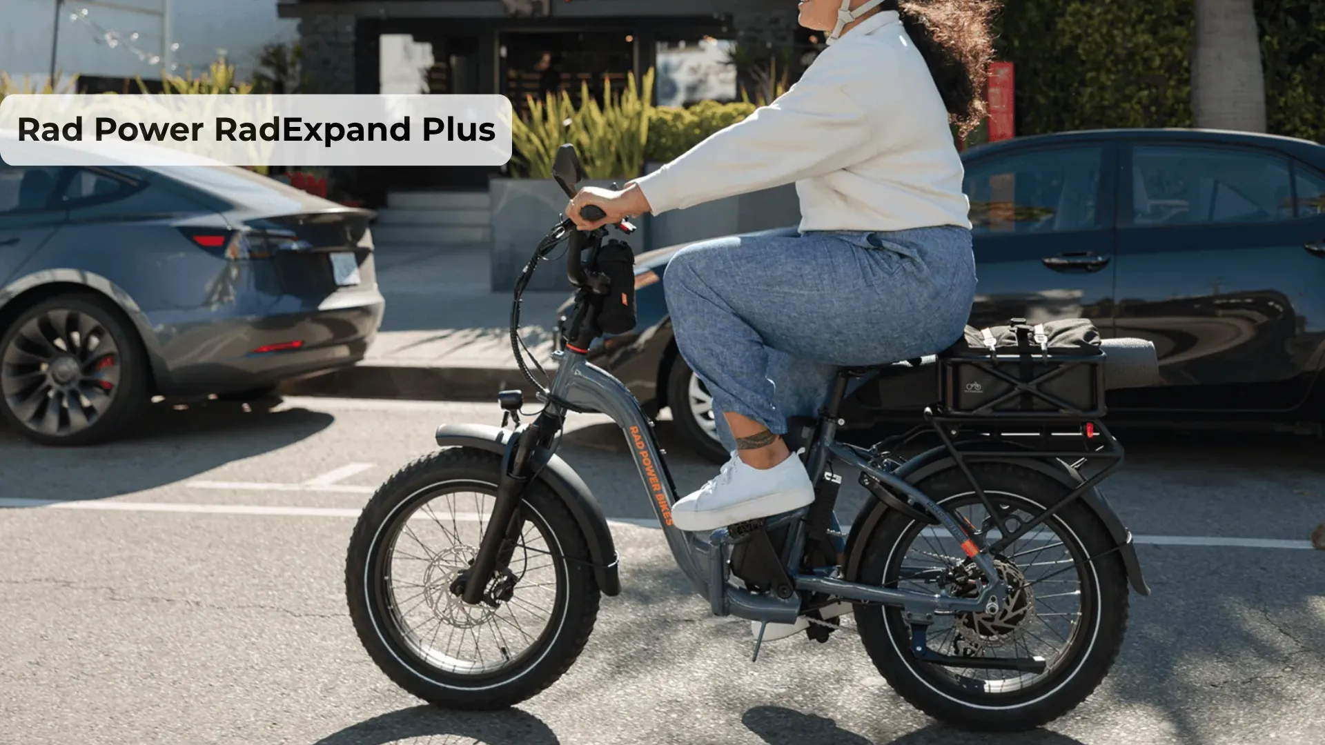 Rad Power RadExpand Plus electric folding bike with rear cargo rack in folded position