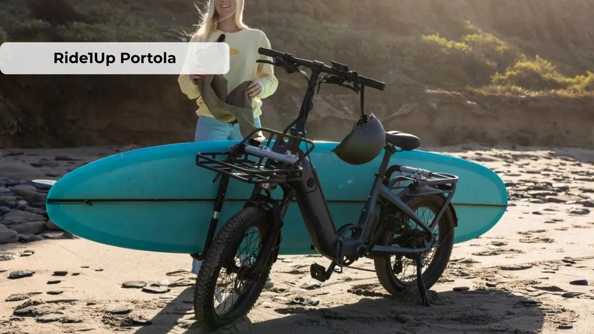 Ride1Up Portola folding electric bike in Sea Turquoise color with step-through frame