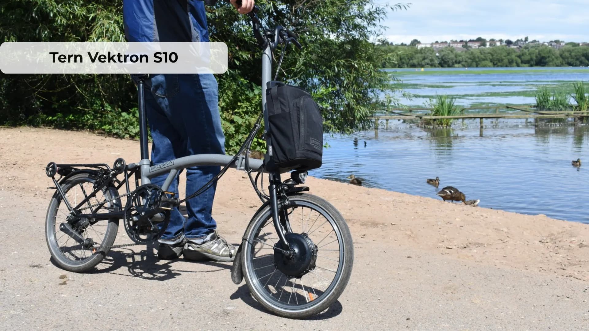 Tern Vektron S10 folding electric bike shown in compact folded position with Bosch motor visible