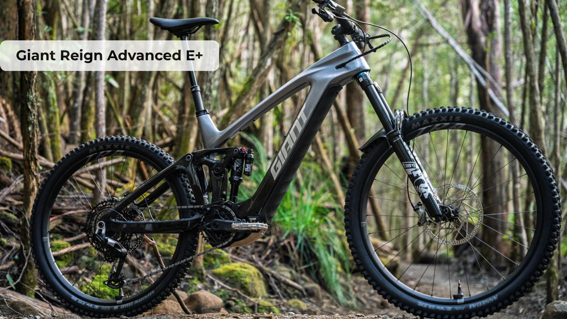Giant Reign Advanced E+ electric mountain bike on rocky mountain trail