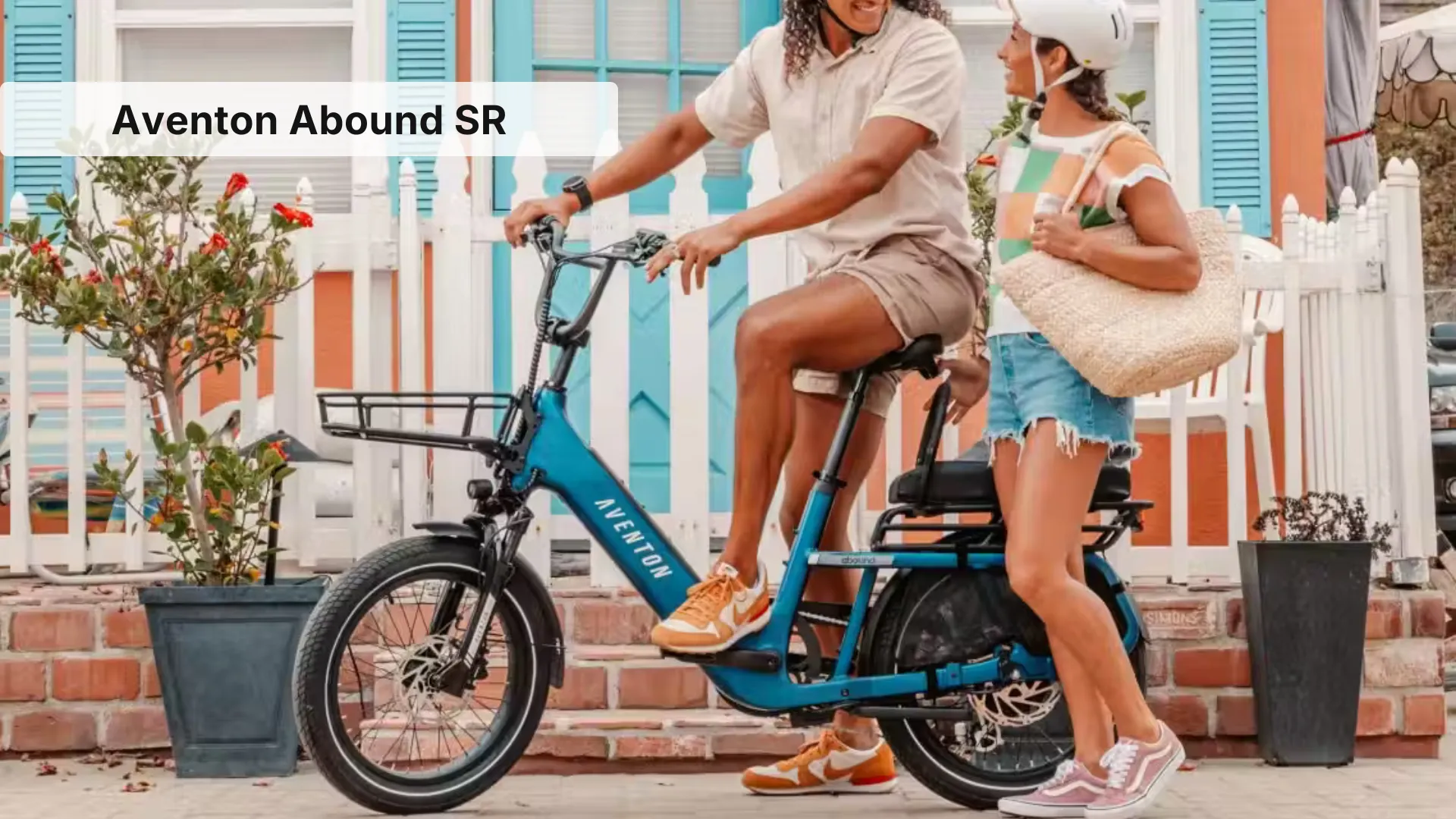 Aventon Abound SR electric cargo bike with rear rack and BMX-style handlebars in cobalt blue