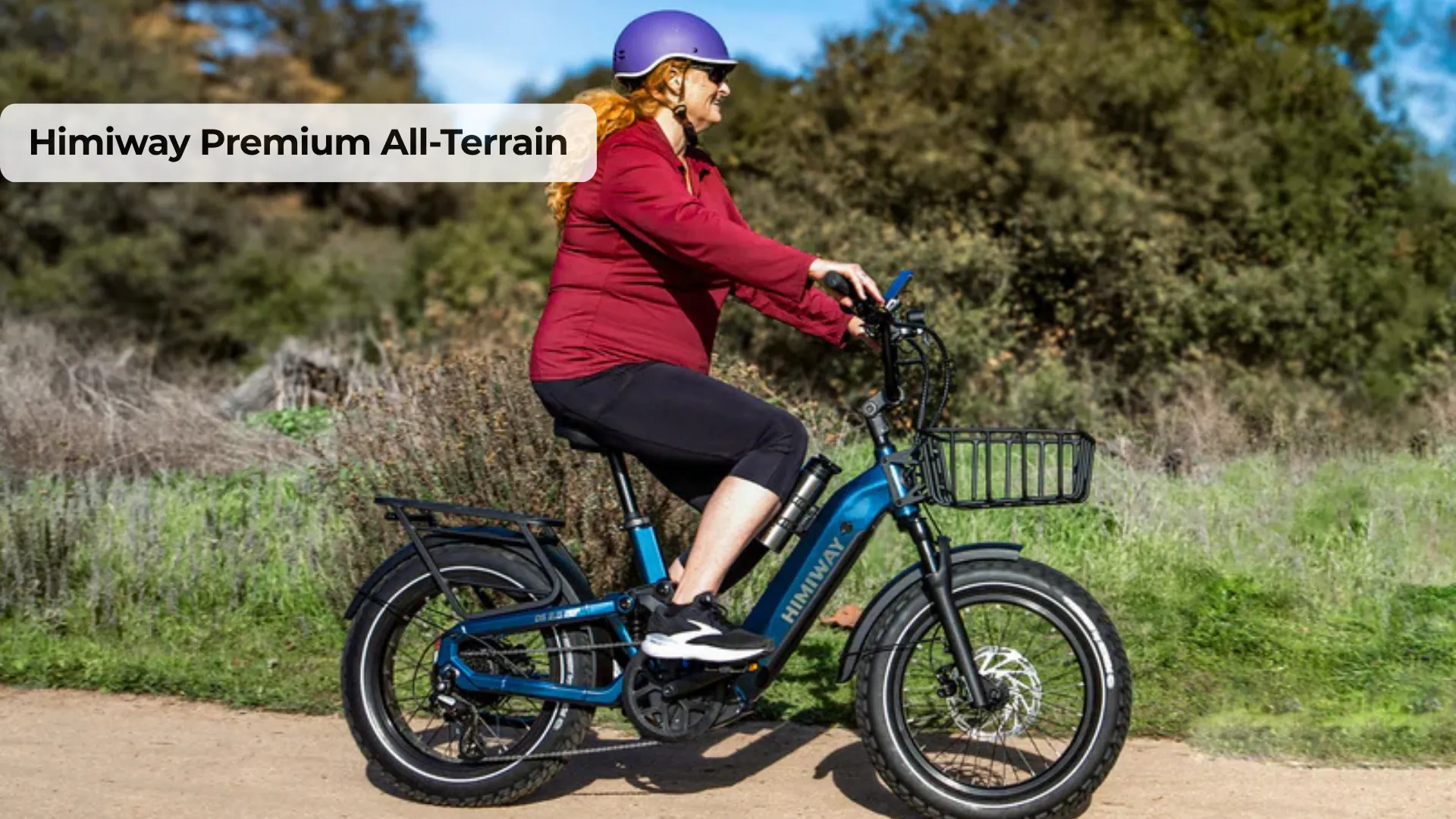 Himiway Premium All-Terrain electric cruiser bike with step-through frame and fat tires on beach boardwalk