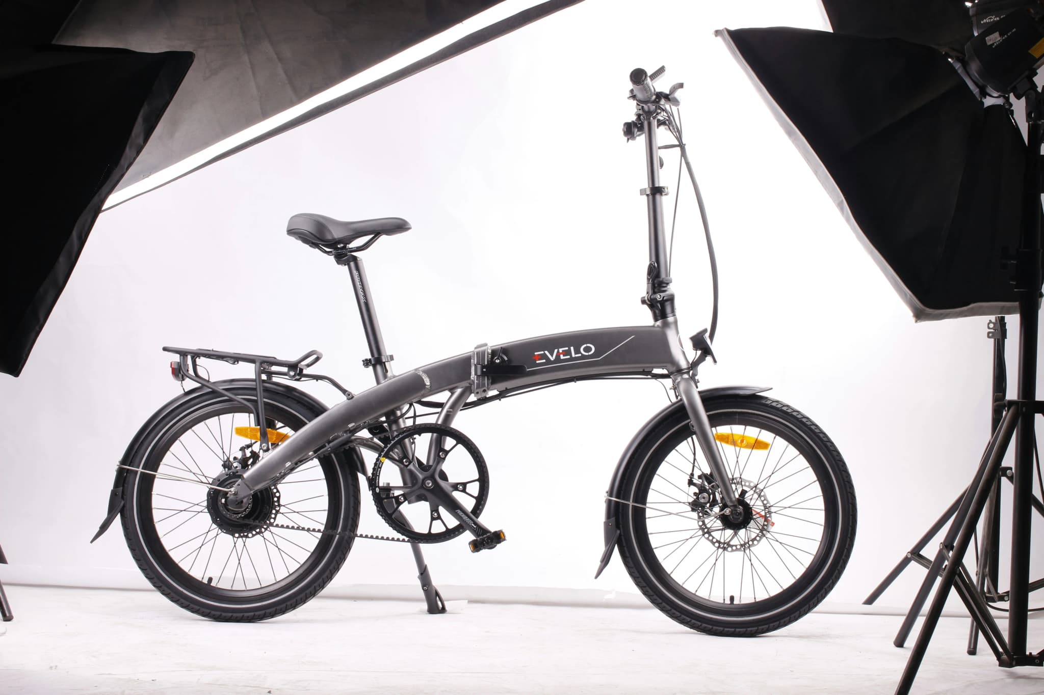 Electric folding bike features and components labeled for buyers